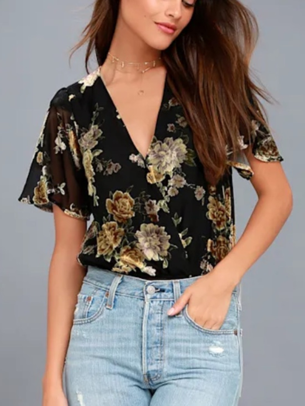 ASTR the label Eliza black burn out velvet floral print bodysuit sz xs EUC